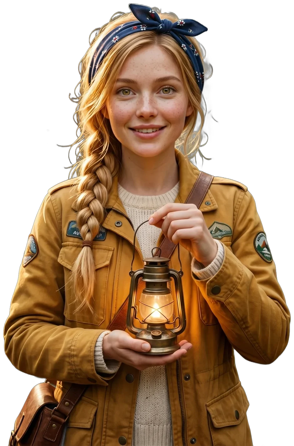 Taleyra, an AI-generated explorer with a honey-blonde braid, a navy bandana and a mustard jacket, holding a glowing brass lantern